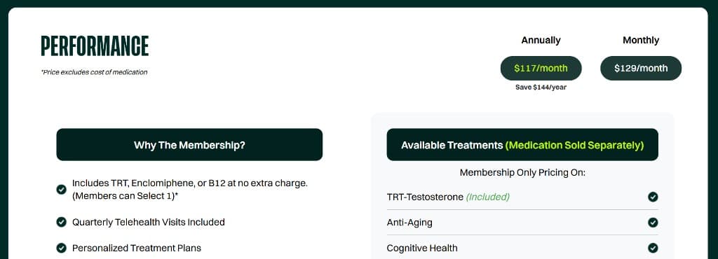 Performance membership pricing and included benefits